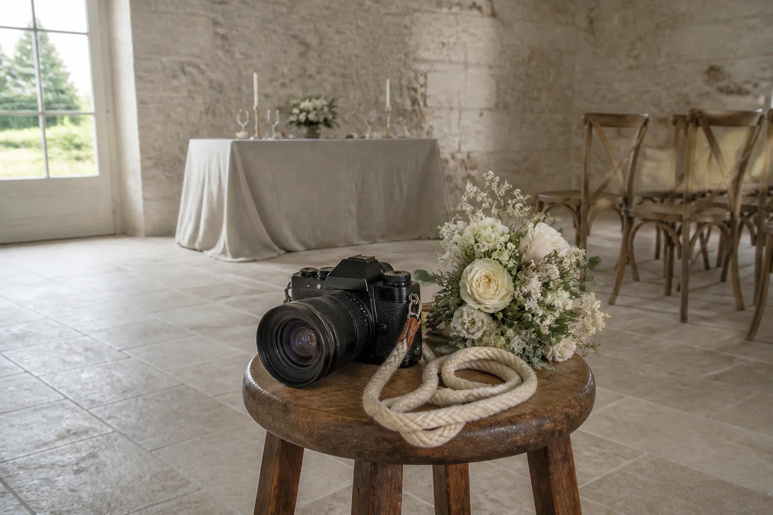 Appareil photo et accessoires de reportage de mariage — illustration générée par IA