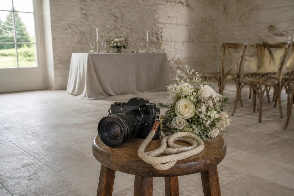 Appareil photo et accessoires de reportage de mariage — illustration générée par IA