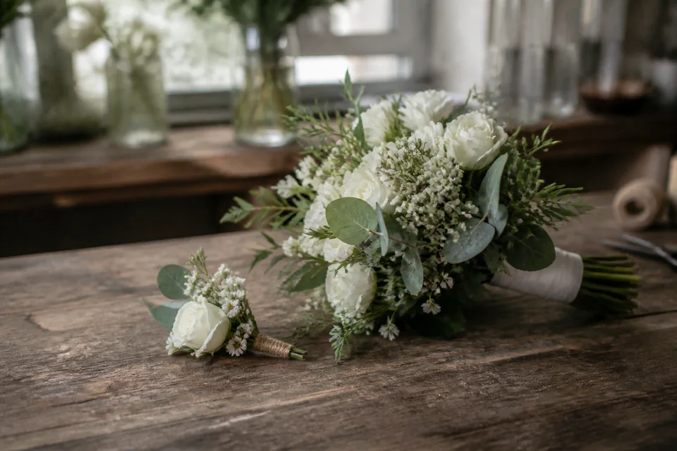 Préparation florale pour un mariage — illustration générée par IA