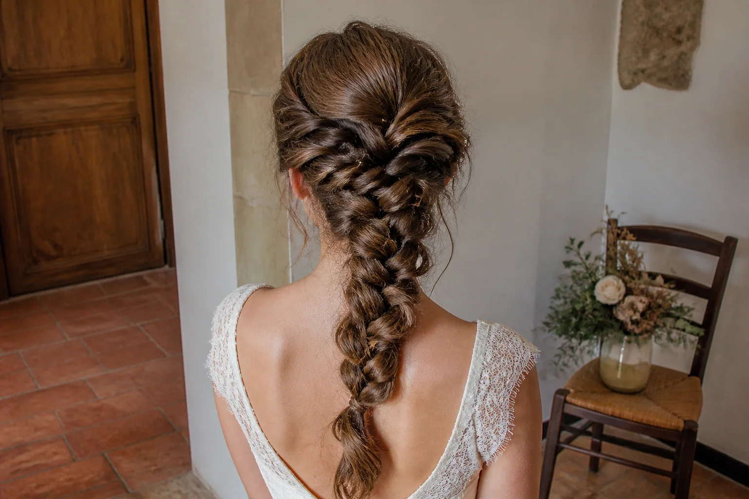 Coiffure de cérémonie vue pendant la préparation — illustration générée par IA