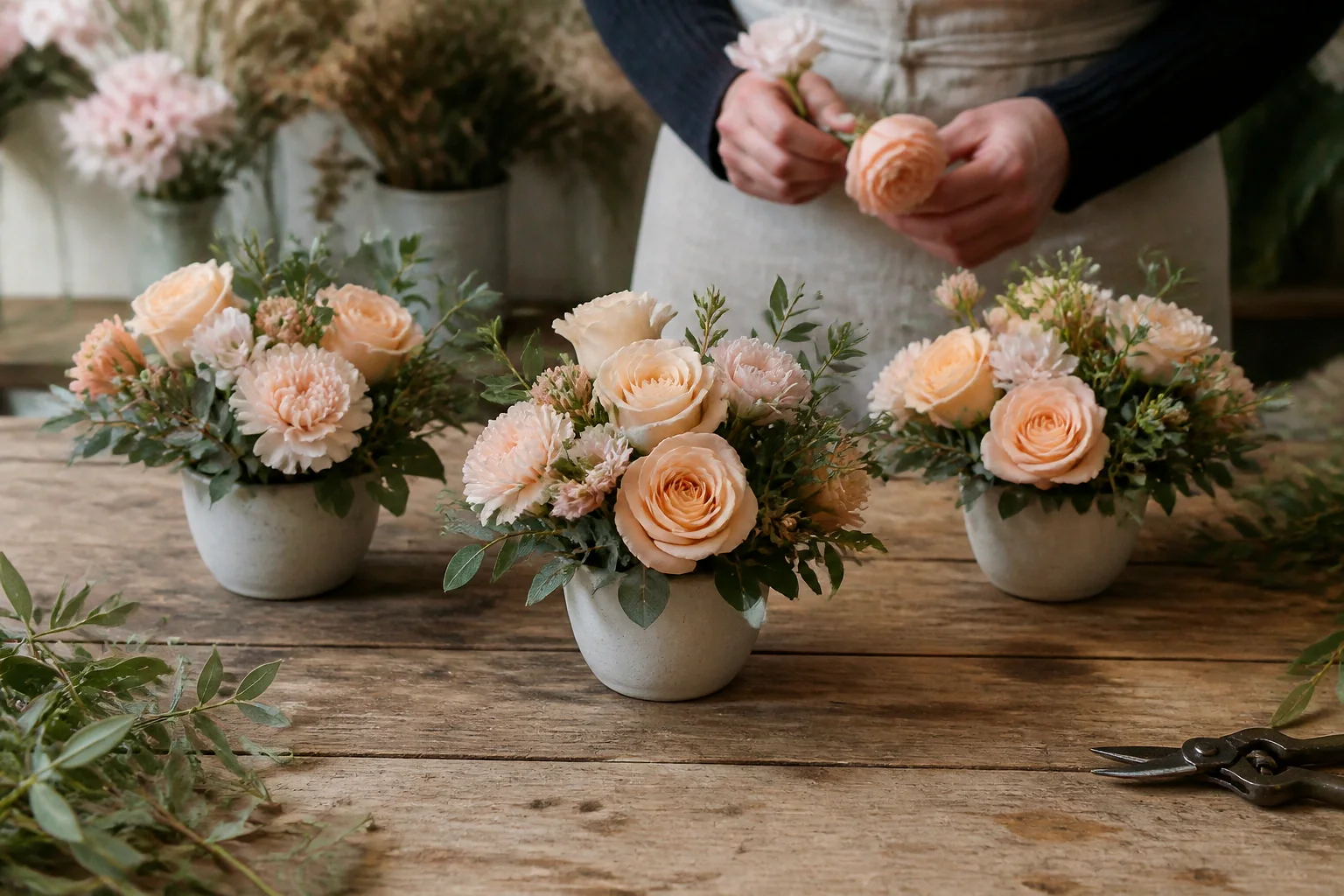 Préparation florale pour un mariage — illustration générée par IA