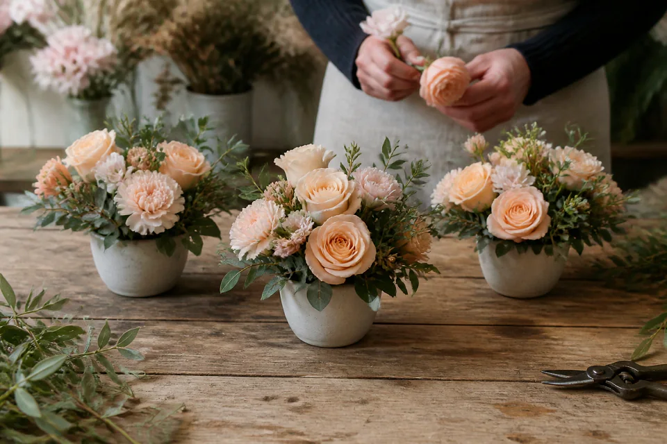 Préparation florale pour un mariage — illustration générée par IA