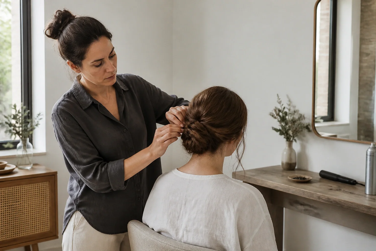 Coiffure de cérémonie vue pendant la préparation — illustration générée par IA