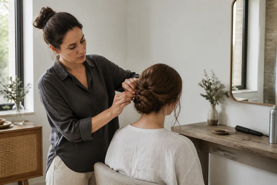 Coiffure de cérémonie vue pendant la préparation — illustration générée par IA