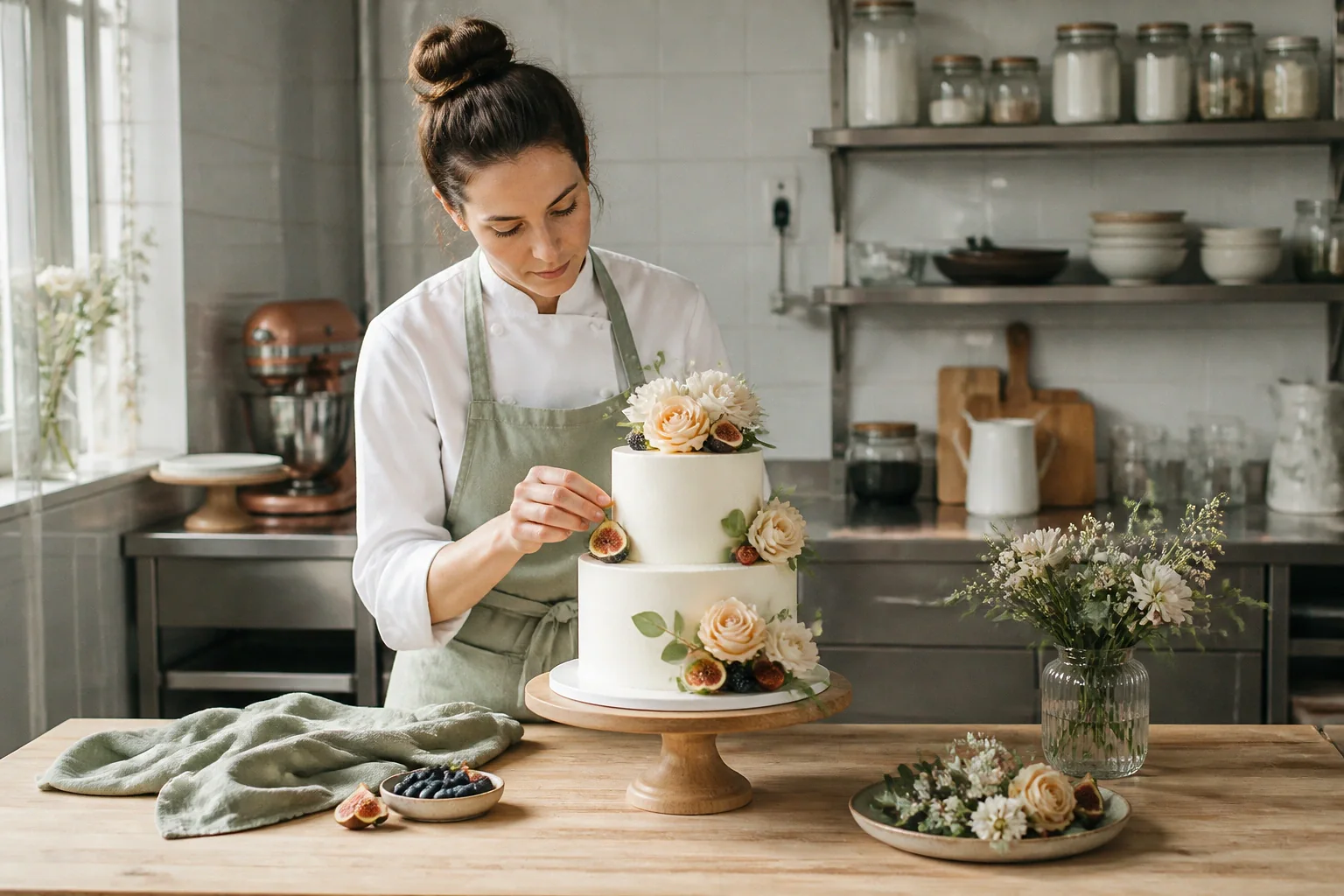 Gâteau de mariage préparé dans un atelier — illustration générée par IA