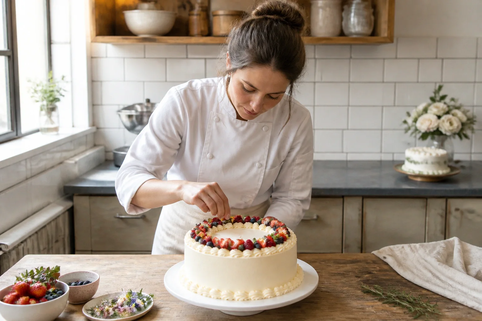 Gâteau de mariage préparé dans un atelier — illustration générée par IA