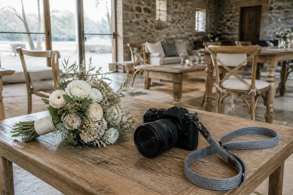 Appareil photo et accessoires de reportage de mariage — illustration générée par IA