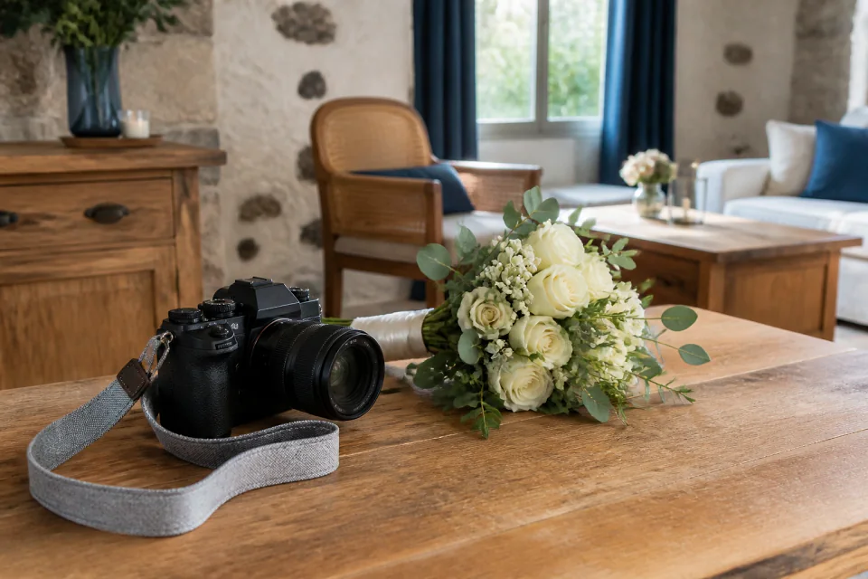 Appareil photo et accessoires de reportage de mariage — illustration générée par IA