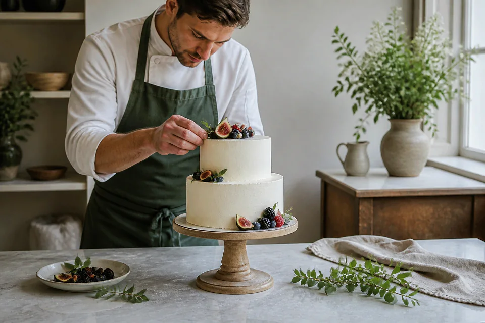 Gâteau de mariage préparé dans un atelier — illustration générée par IA