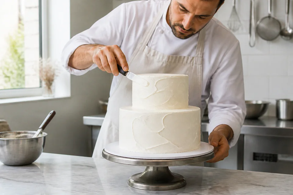Gâteau de mariage préparé dans un atelier — illustration générée par IA