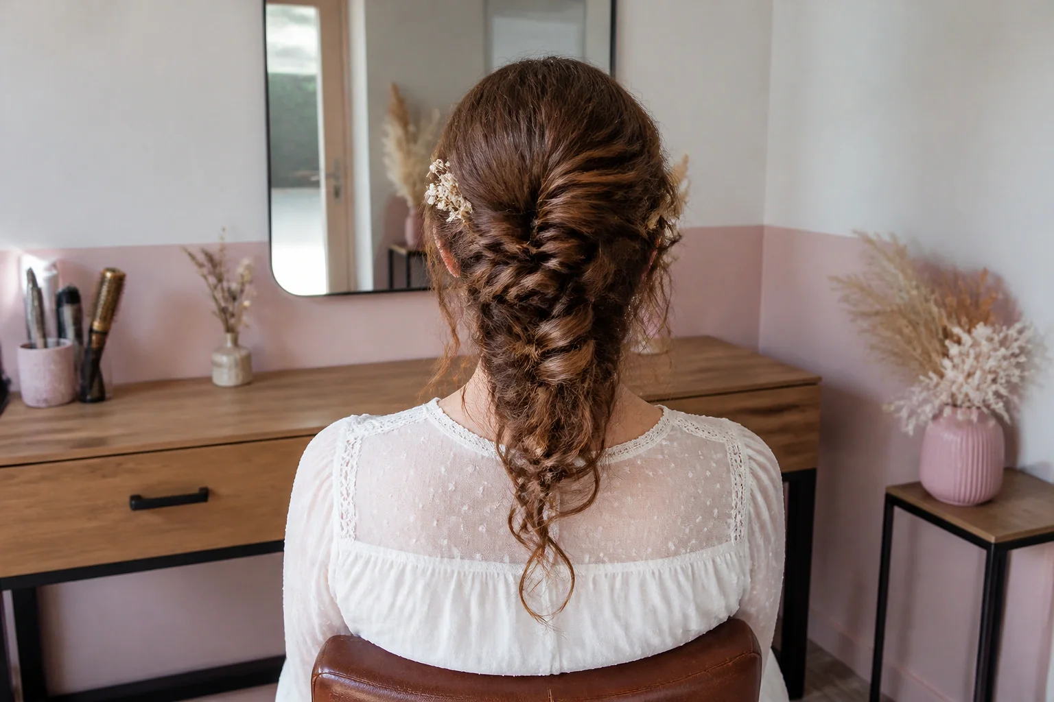 Coiffure de cérémonie vue pendant la préparation — illustration générée par IA