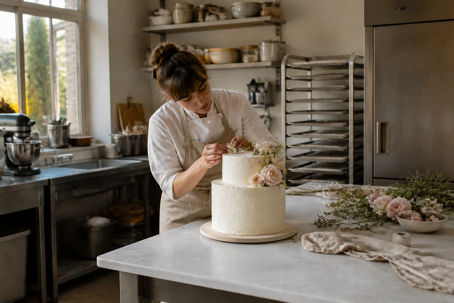Gâteau de mariage préparé dans un atelier — illustration générée par IA
