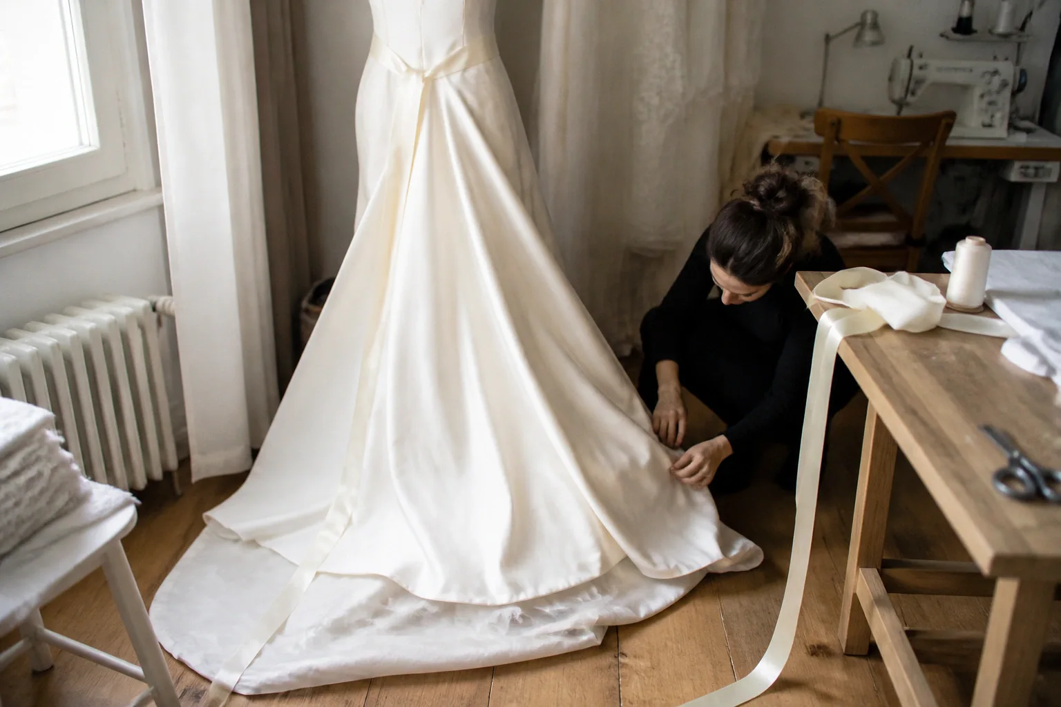 Robe de mariée dans un atelier de confection — illustration générée par IA