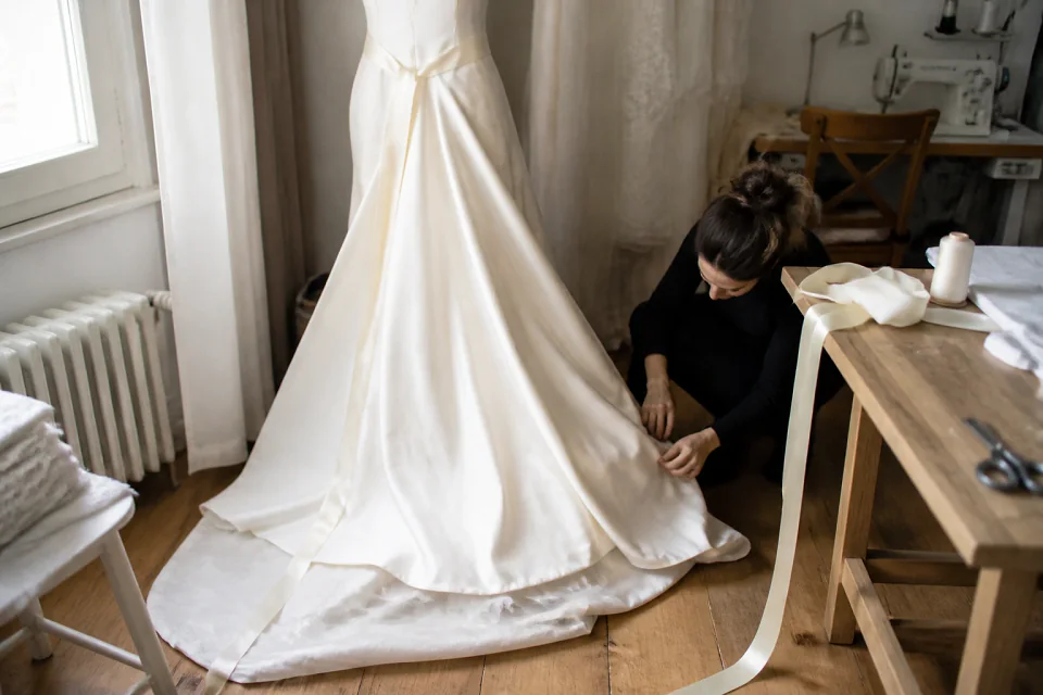 Robe de mariée dans un atelier de confection — illustration générée par IA