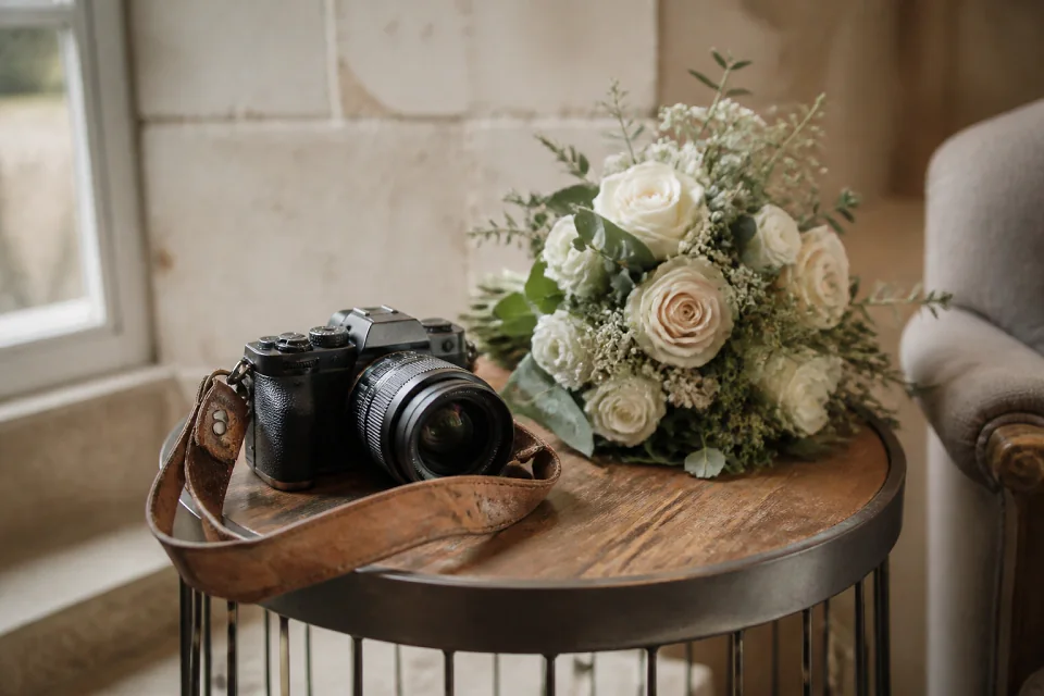 Appareil photo et accessoires de reportage de mariage — illustration générée par IA