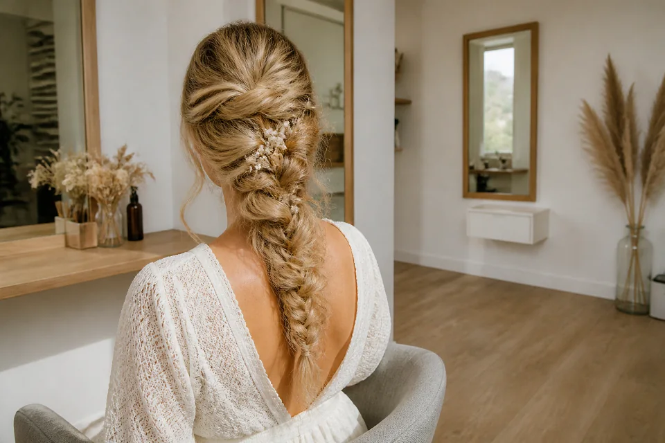 Coiffure de cérémonie vue pendant la préparation — illustration générée par IA