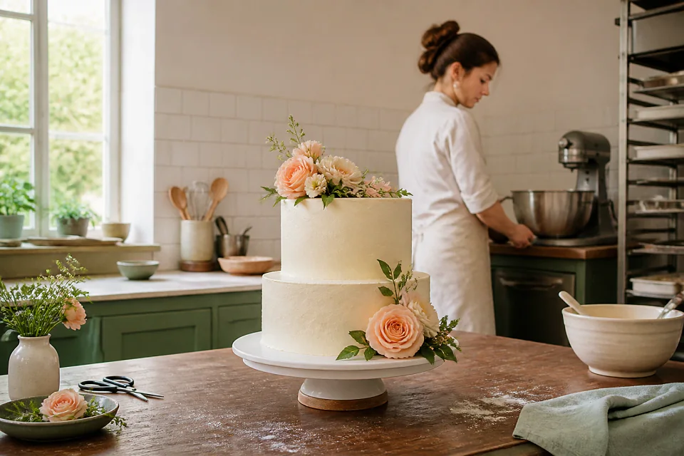 Gâteau de mariage préparé dans un atelier — illustration générée par IA