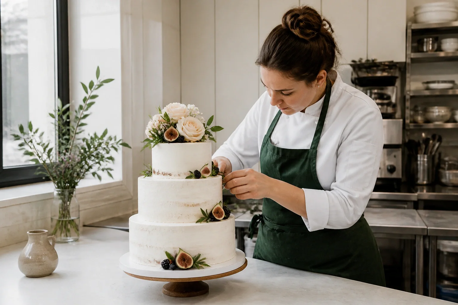 Gâteau de mariage préparé dans un atelier — illustration générée par IA