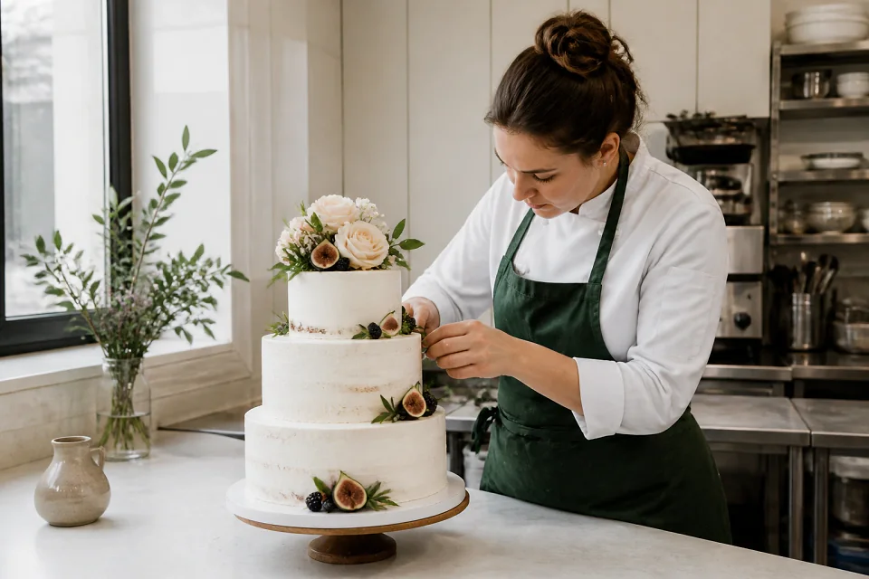 Gâteau de mariage préparé dans un atelier — illustration générée par IA