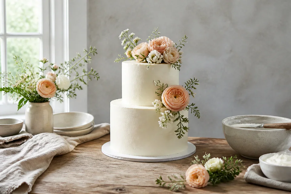 Gâteau de mariage préparé dans un atelier — illustration générée par IA