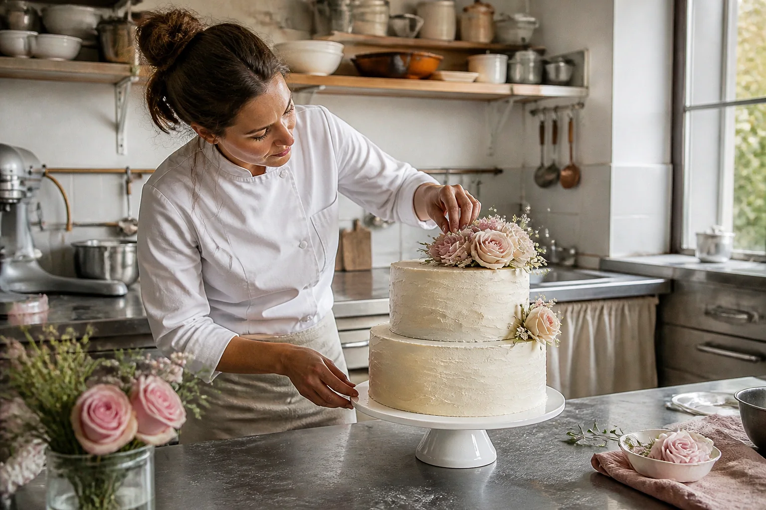 Gâteau de mariage préparé dans un atelier — illustration générée par IA