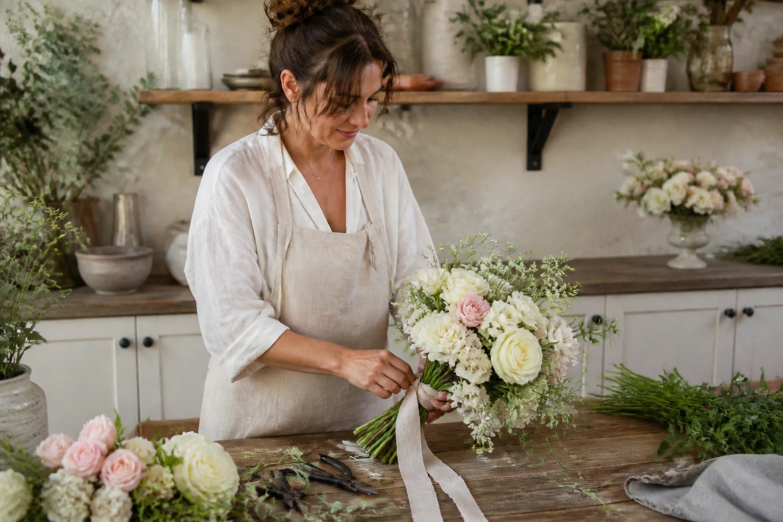 Préparation florale pour un mariage — illustration générée par IA