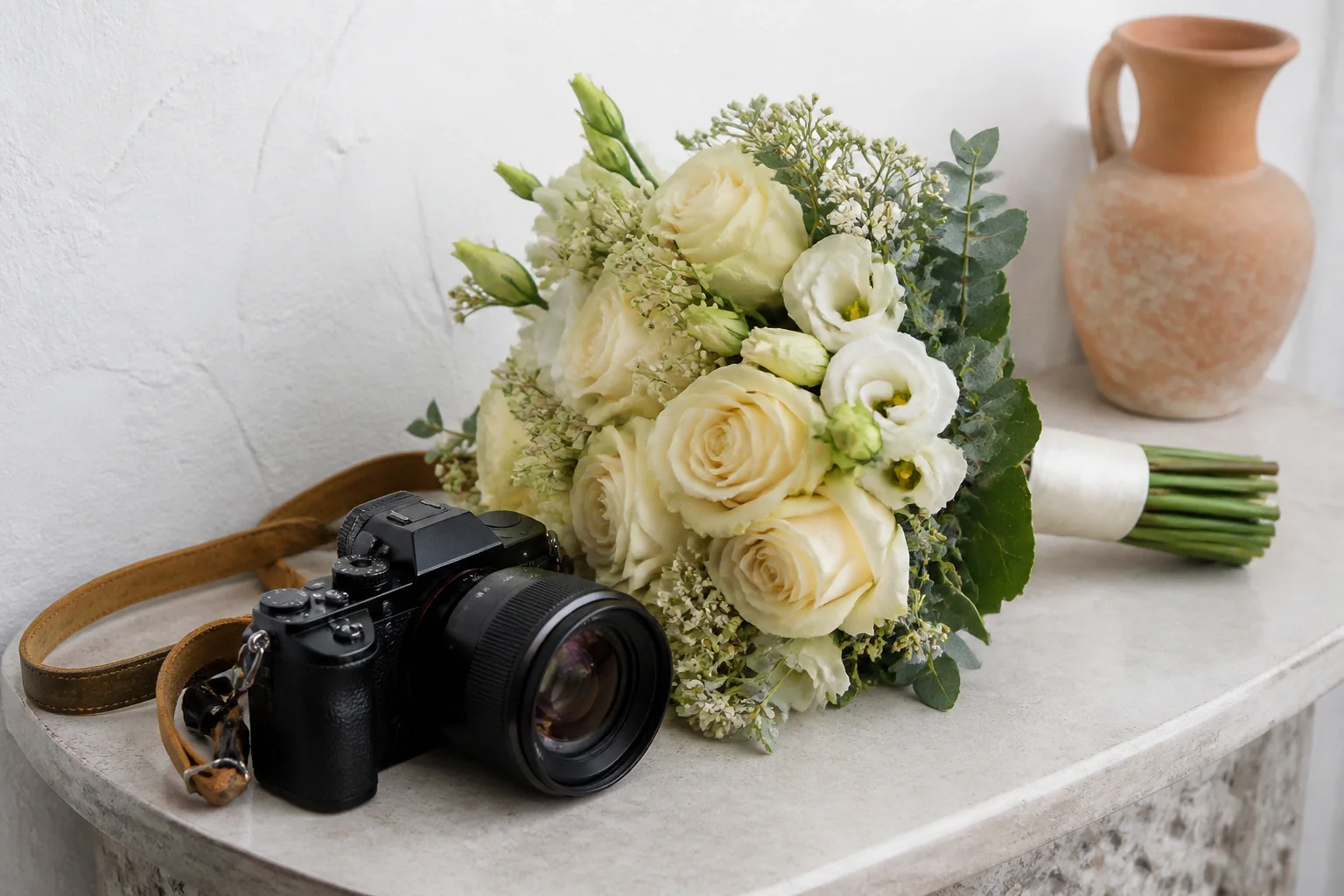 Appareil photo et accessoires de reportage de mariage — illustration générée par IA