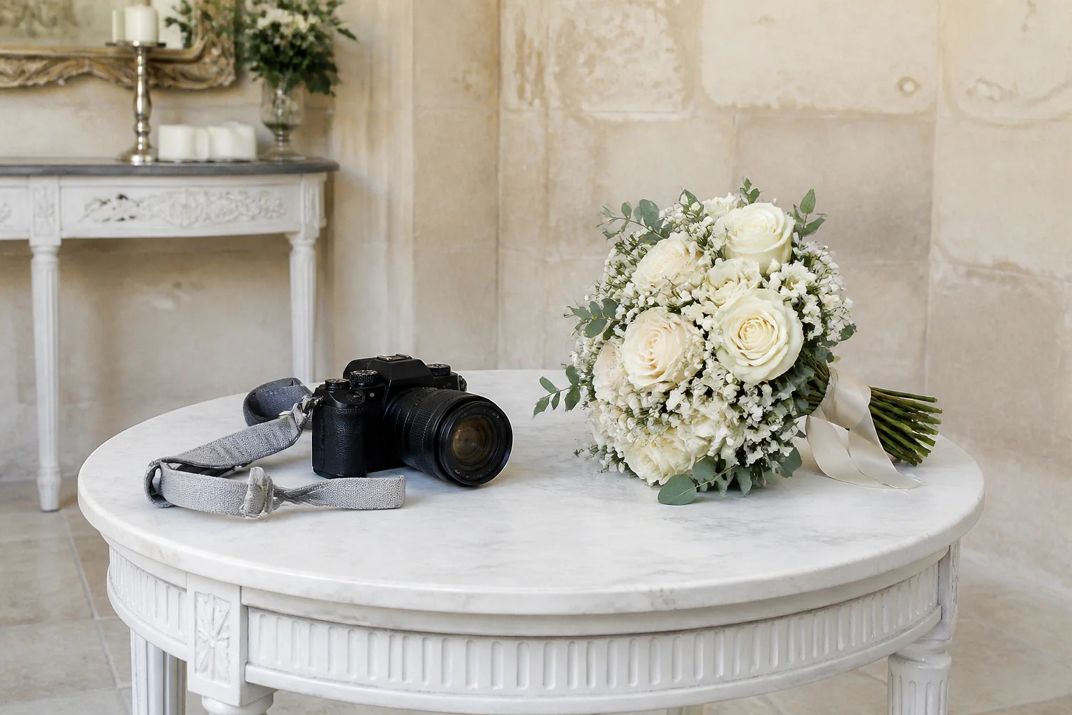 Appareil photo et accessoires de reportage de mariage — illustration générée par IA