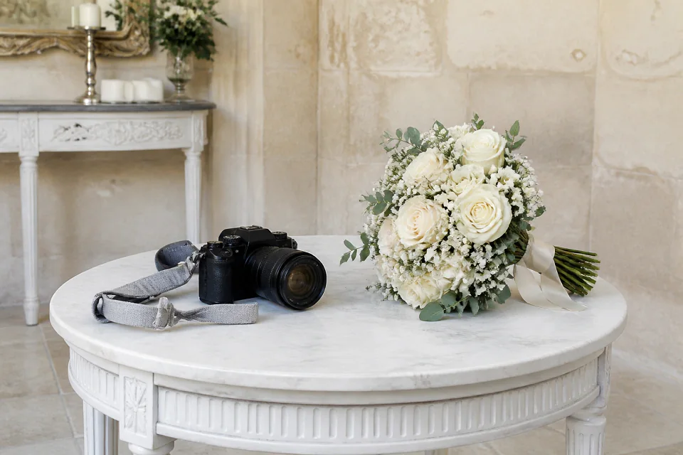 Appareil photo et accessoires de reportage de mariage — illustration générée par IA