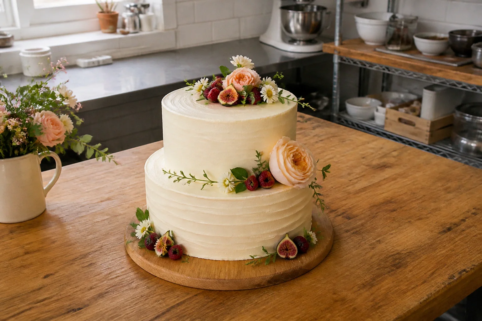 Gâteau de mariage préparé dans un atelier — illustration générée par IA