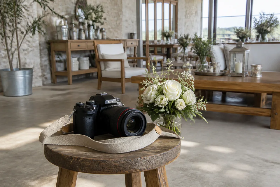 Appareil photo et accessoires de reportage de mariage — illustration générée par IA