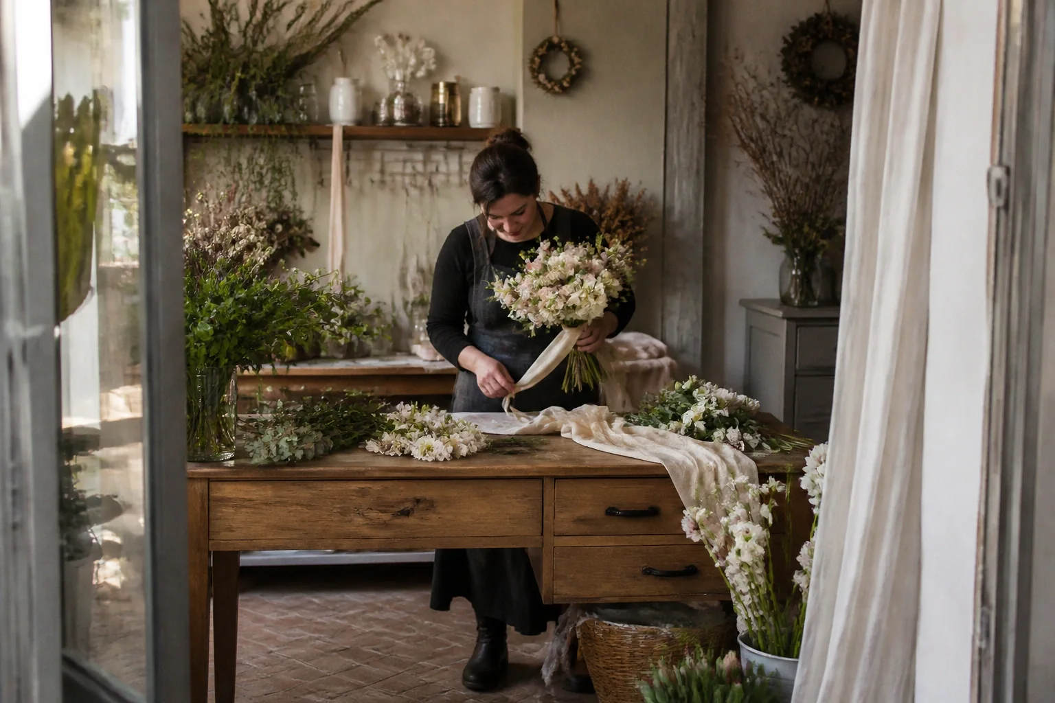 Préparation florale pour un mariage — illustration générée par IA