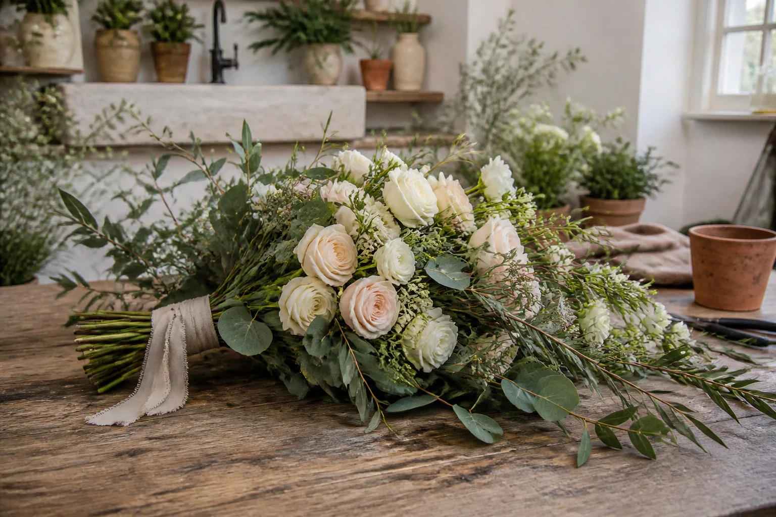 Préparation florale pour un mariage — illustration générée par IA