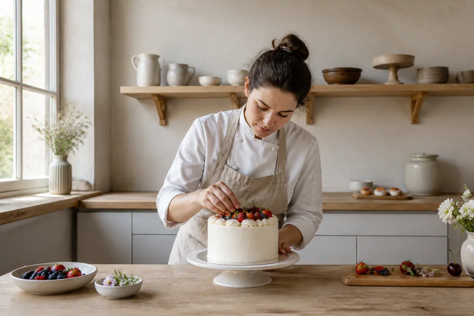 Gâteau de mariage préparé dans un atelier — illustration générée par IA