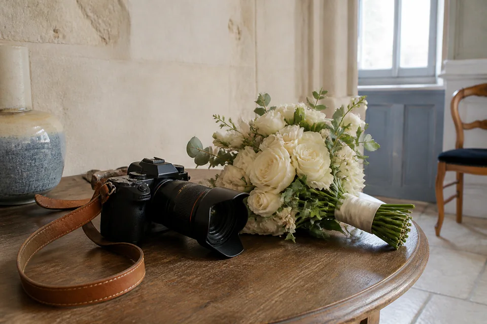 Appareil photo et accessoires de reportage de mariage — illustration générée par IA