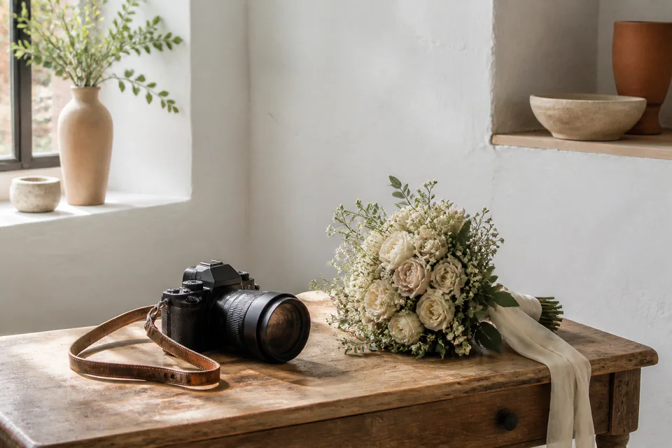 Appareil photo et accessoires de reportage de mariage — illustration générée par IA