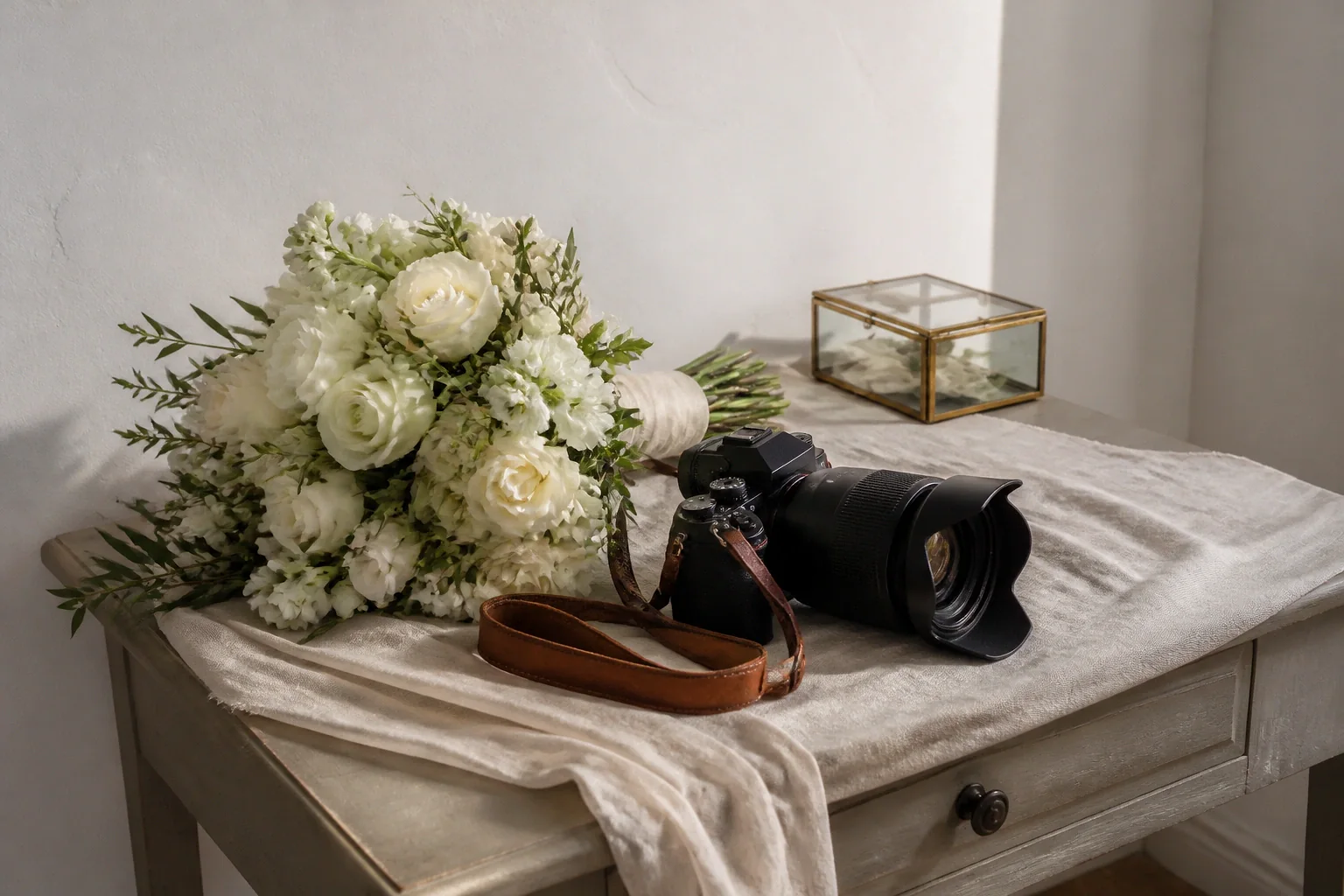 Appareil photo et accessoires de reportage de mariage — illustration générée par IA