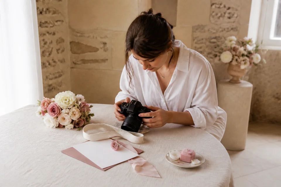 Appareil photo et accessoires de reportage de mariage — illustration générée par IA