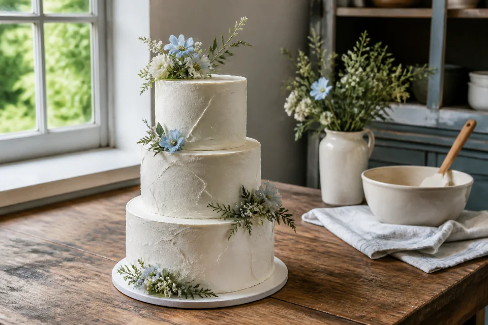 Gâteau de mariage préparé dans un atelier — illustration générée par IA