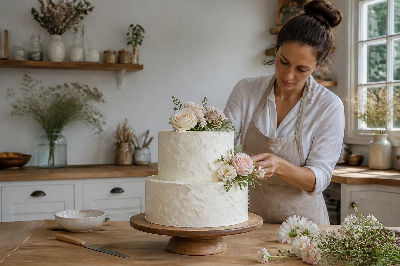 Gâteau de mariage préparé dans un atelier — illustration générée par IA