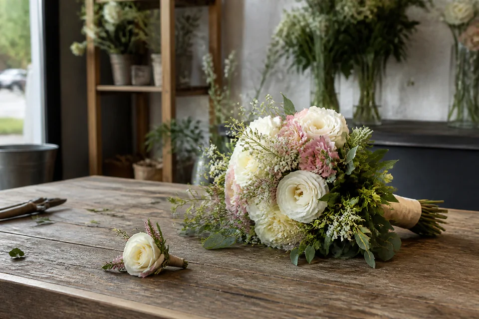 Préparation florale pour un mariage — illustration générée par IA