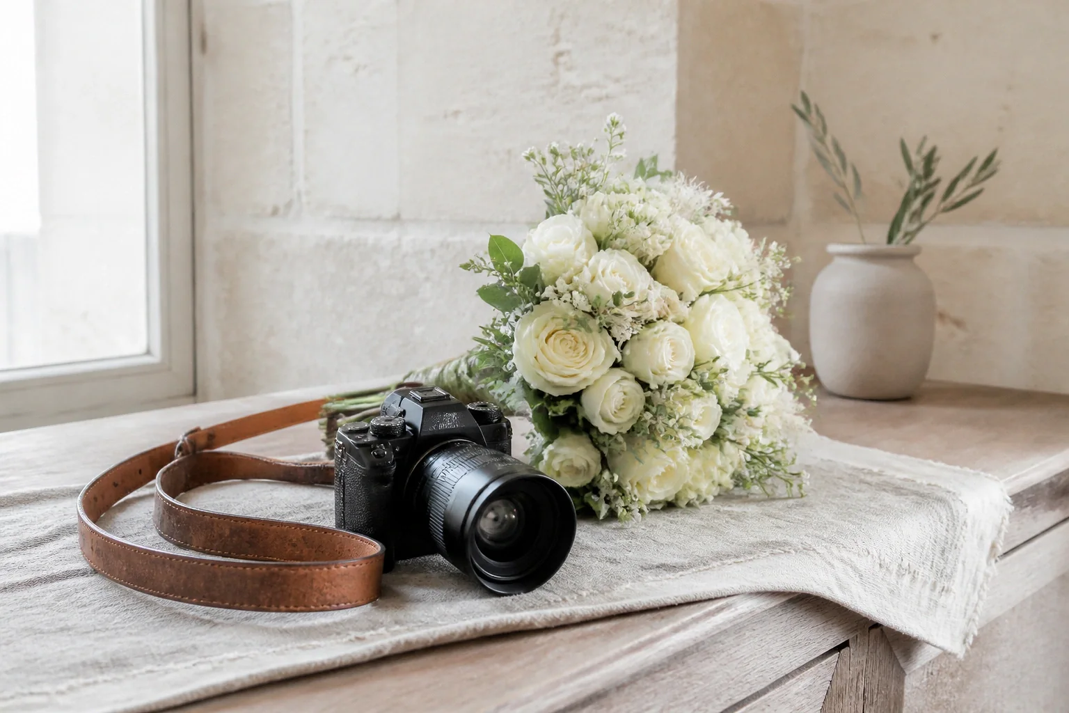 Appareil photo et accessoires de reportage de mariage — illustration générée par IA