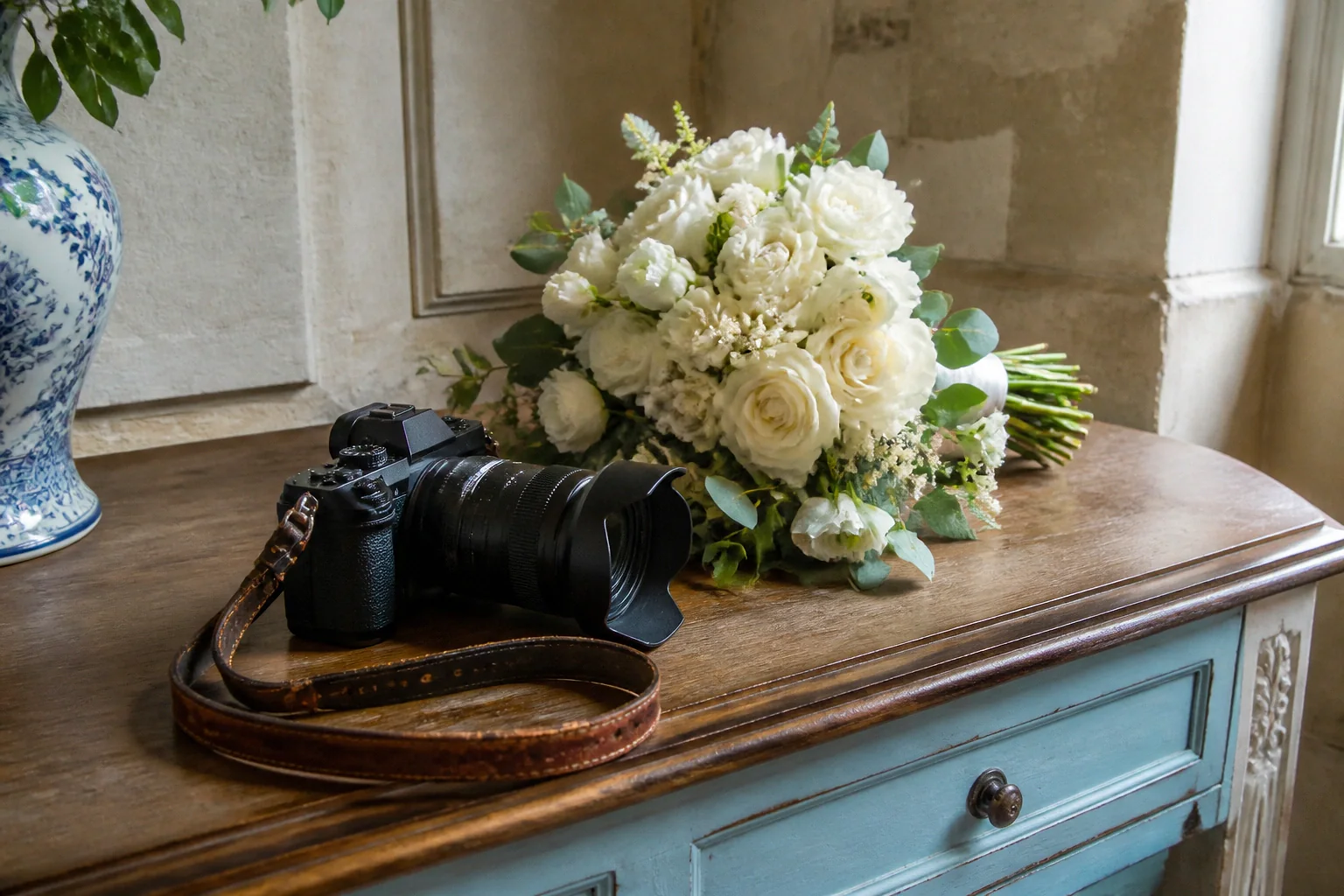 Appareil photo et accessoires de reportage de mariage — illustration générée par IA