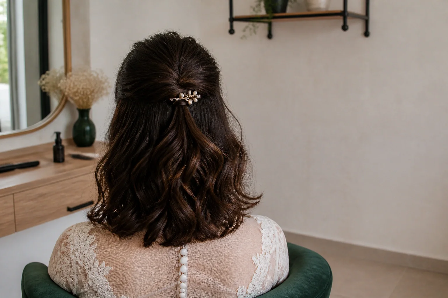 Coiffure de cérémonie vue pendant la préparation — illustration générée par IA