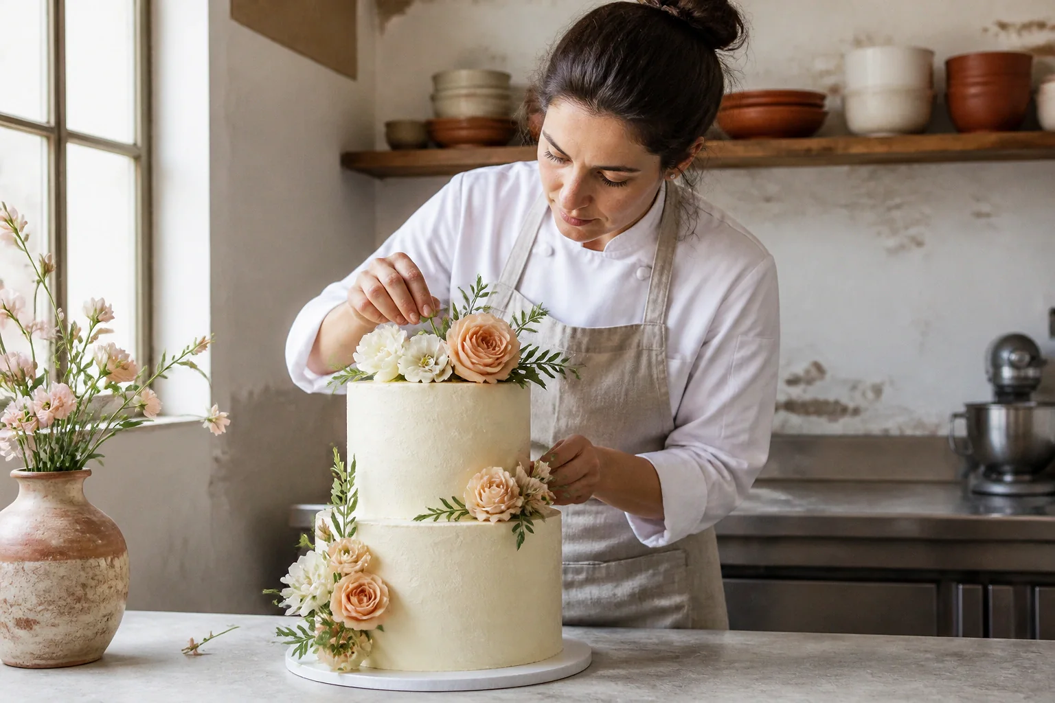 Gâteau de mariage préparé dans un atelier — illustration générée par IA