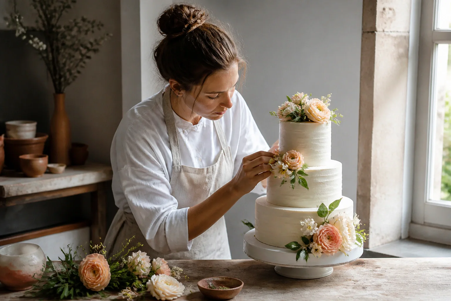 Gâteau de mariage préparé dans un atelier — illustration générée par IA