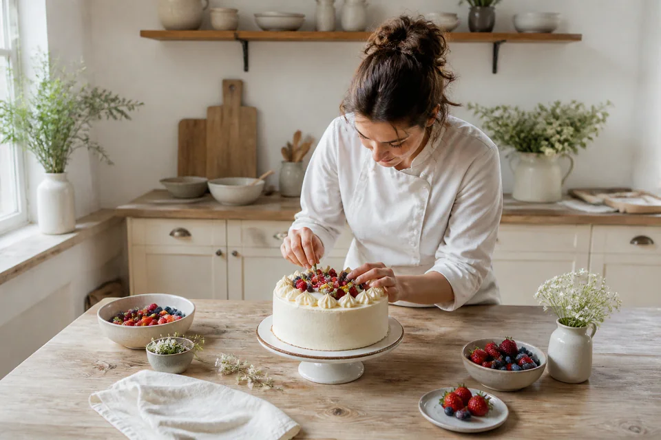 Gâteau de mariage préparé dans un atelier — illustration générée par IA