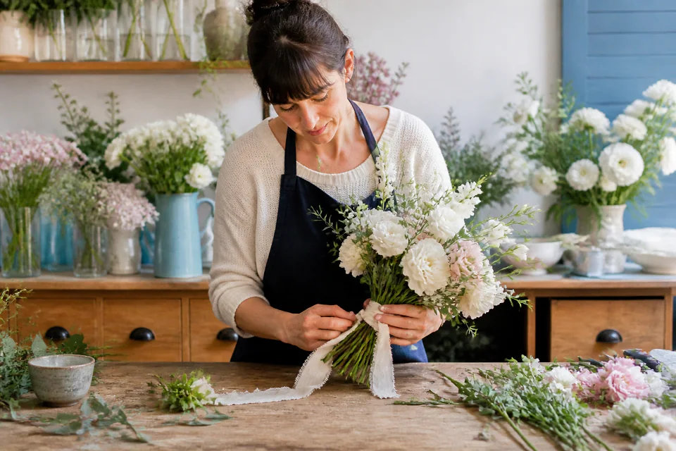 Préparation florale pour un mariage — illustration générée par IA