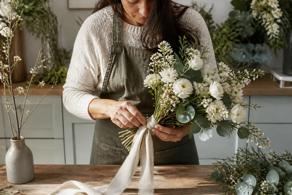 Préparation florale pour un mariage — illustration générée par IA