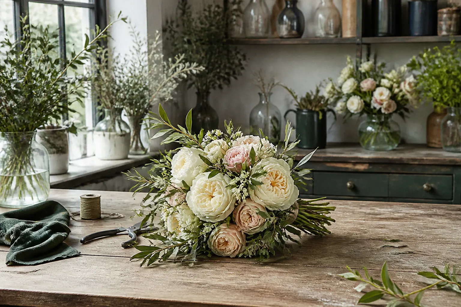 Préparation florale pour un mariage — illustration générée par IA